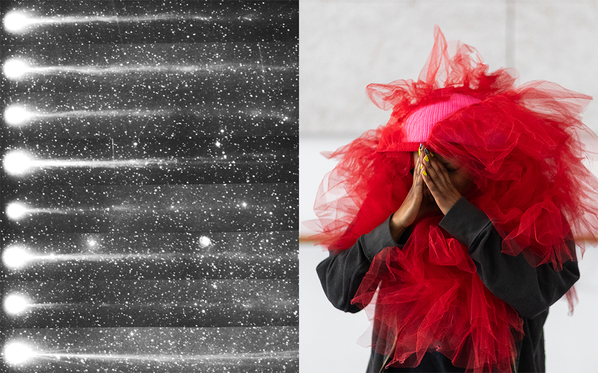 Alt text for the left side: Black-and-white astronomical image showing multiple bright orbs with long luminous tails against a dense background of stars. Alt text for the right side: A person wearing voluminous bright red tulle and a pink hat, holding their hands together over their face.