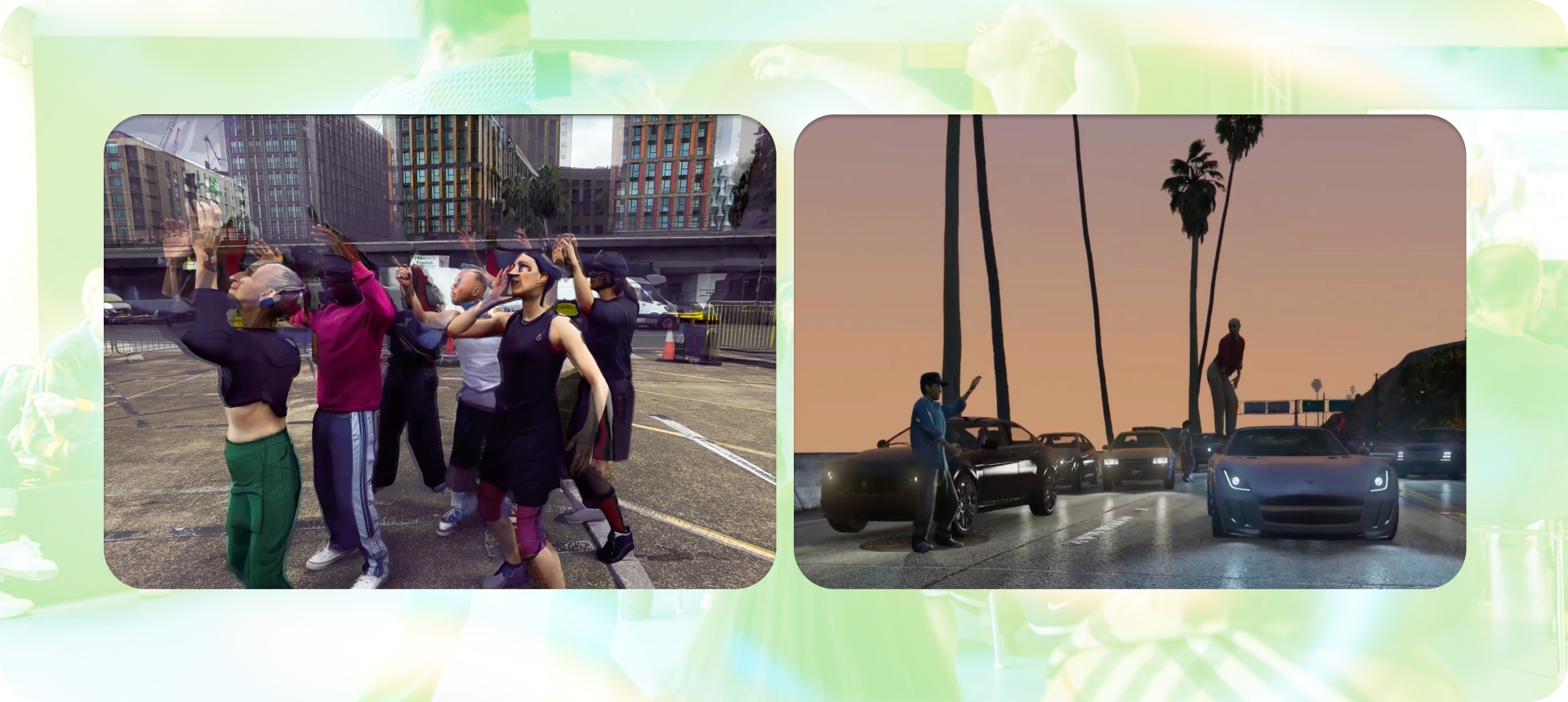 Left: people in a group shouting, in the middle of a square with tall building on the background. Right: road with cars and a person is dancing on top of the car, palm trees and sunset on the background.