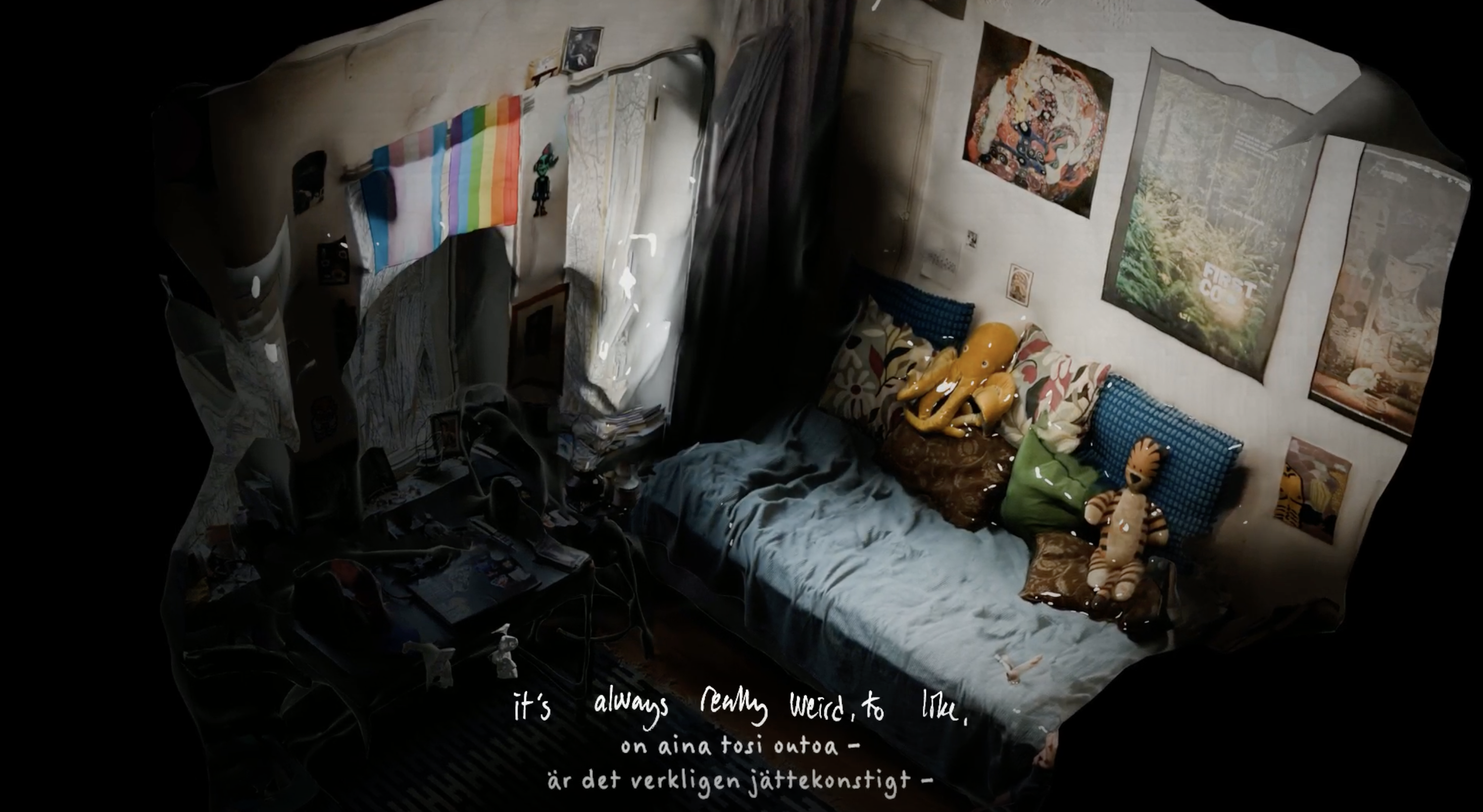 Video Still from Becoming Queer Nomad (2022-2026) depicting a photogrammetric scan of a bedroom. The bedroom features a corner showing  bed, desk, and window with two pride flags (trans and LGBTQ+). The scan has a black background. 