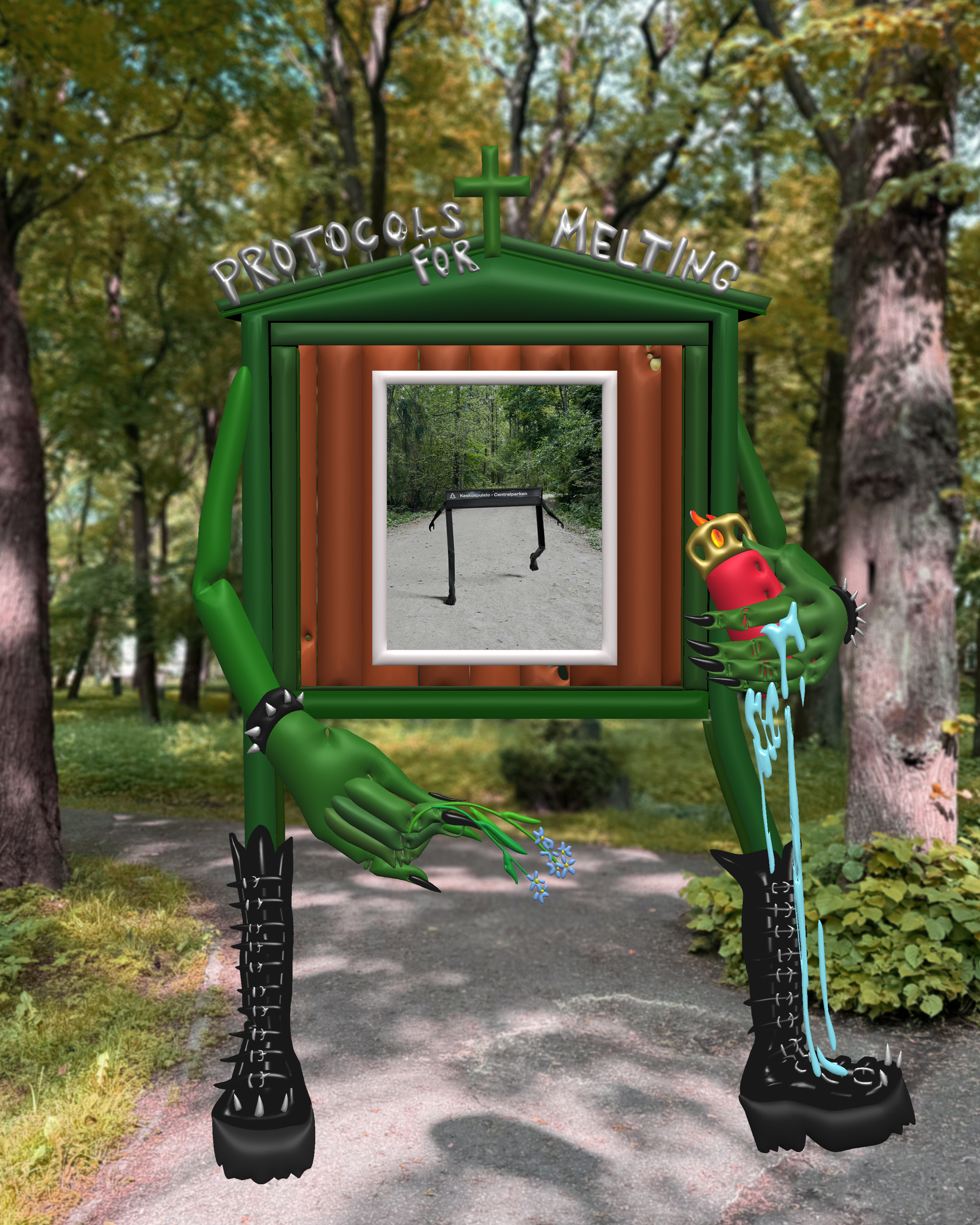 Whimsical digital artwork of a anthropomorphic sign figure in a park environment. Figure has green arms, spiked boots, and a sign-like torso. On the top of the sign-torso there is silver text: ‘Protocols for Melting.' The figure holds a small flower in one hand and a red object dripping blue liquid in the other.