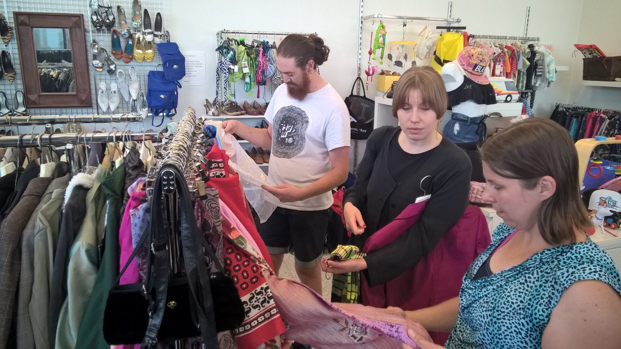 Getting material for the workshop from local second hand shop