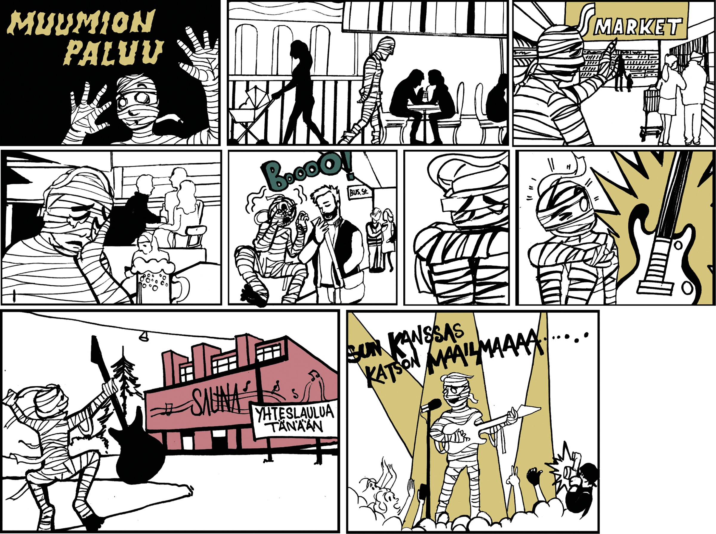 A comic about mummy being lonely and sad, then finding the Saunabaari singing group and joining.