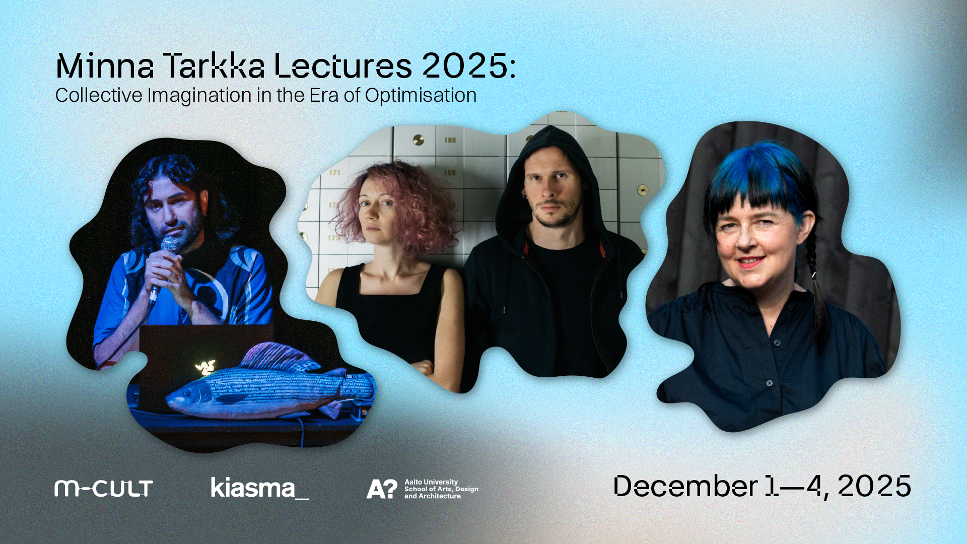 Graphic blue bakcground with three pictures of participants. 