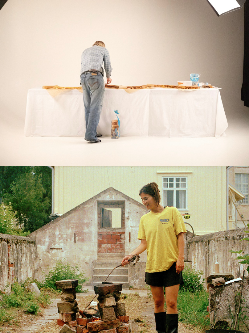 Split screen of two images: up there is a table and Joona sorsa preparing food at the table, their back turned to a camera. Under it, there is portrait of Emma Villpula, stirring fire at a selfmade stove. Emma is smiling.