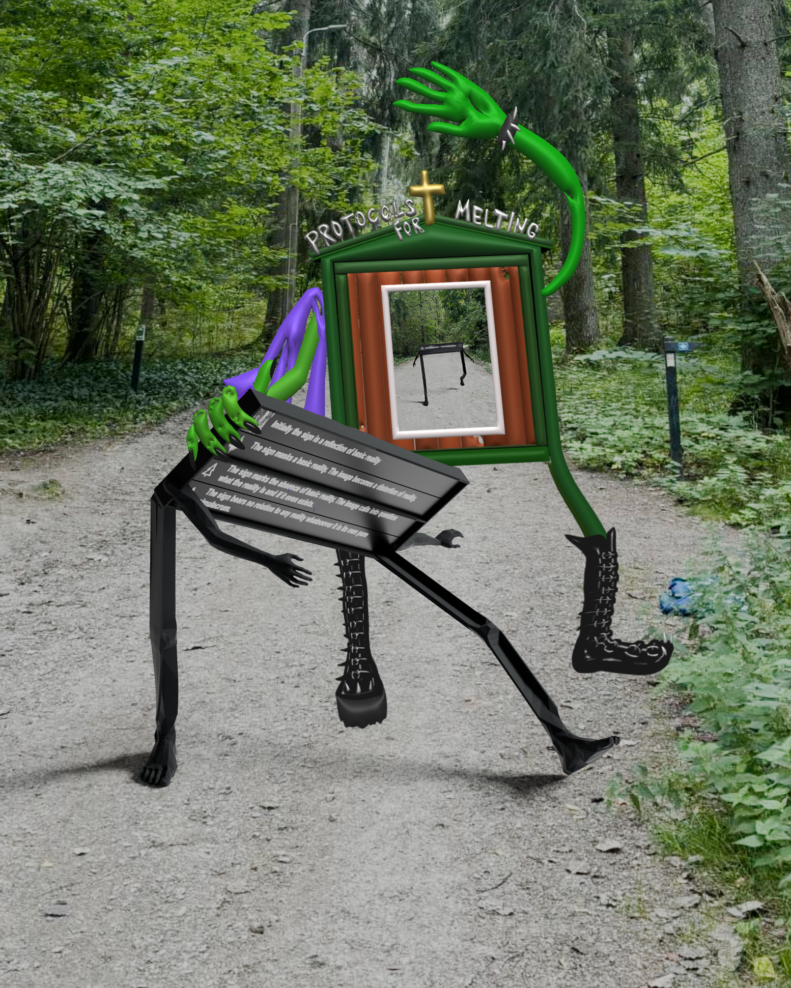 Surreal digital artwork of a two anthropomorphic sign figures at lush park environment. Bigger figure with green arms, spiked boots, and a sign-like torso. On the top of the sign-torso there is silver text: ‘Protocols for Melting.' The other figure is a black, angular creature resembling a park sign. 