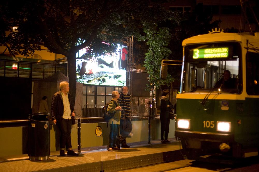 Nordic Outbreak screen in Kallio with tram